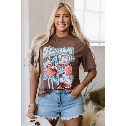 Chicory Coffee Honky Tonk Honey Graphic Crew Neck Western Fashion Tee