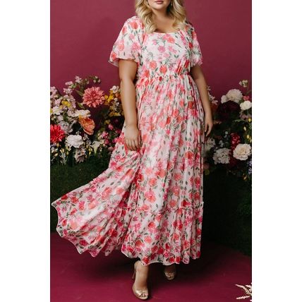 Pink Plus Size Floral Square Neck Puff Sleeve Ruffle Maxi Dress