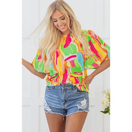 Multicolour Abstract Print Keyhole Back Pleated Half Sleeve Blouse