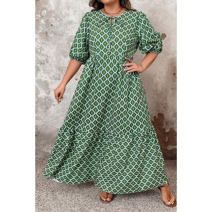 Green Geometric Floral Print Half Sleeve Plus Size Maxi Dress