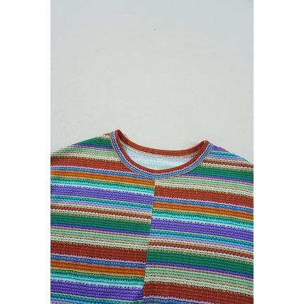 Multicolour Striped Pattern Twist Hem Short Sleeve Top