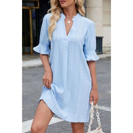 Beau Blue Jacquard Texture Flared Short Sleeve Notched Neck Mini Dress