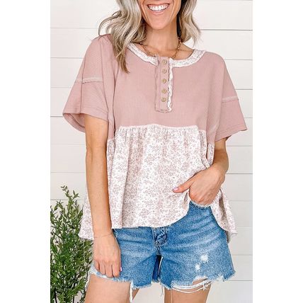 Pink Waffle Floral Patchwork Exposed Seam Detail Short Sleeve Top