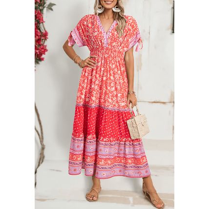 Red Floral Print Tasseled Tied Sleeve Empire Waist Maxi Dress