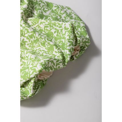 Light Green Floral Ruffle Puff Short Sleeve Frilled Collar V Neck Blouse
