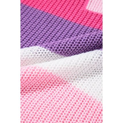 Pink Color Block Notch V Neck Sweater T Shirt