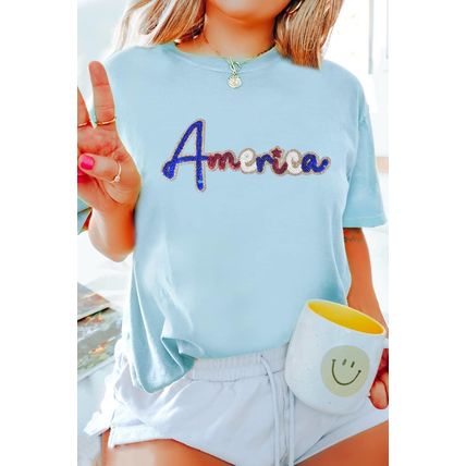 Light Blue Sequin America Graphic Crewneck Patriotic T Shirt