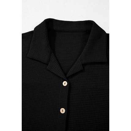 Black Solid Color Textured Buttoned Shirt and Casual Pants Set