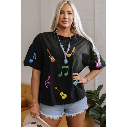 Black Guitar Music Notes Patched Graphic Oversize Tee