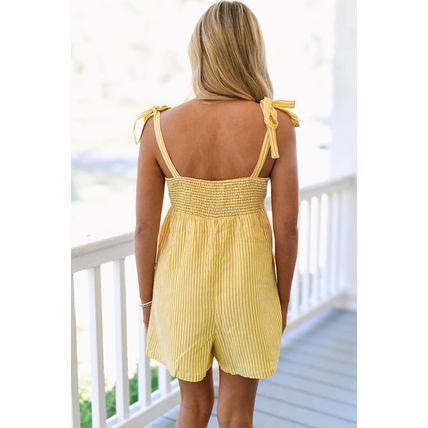 Yellow Stripe Shoulder Tie Smocked Back Wide Leg Casual Romper