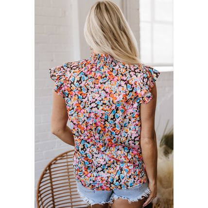 Orange Floral Print Flutter Sleeve Blouse Top