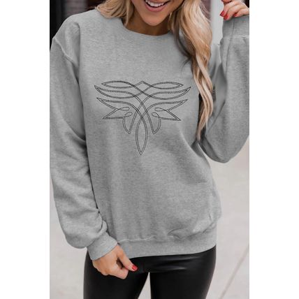 Gray Western Pattern Embroidered Drop Shoulder Pullover Top