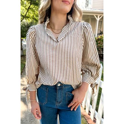 Straw Yellow Striped Print Tied Cuffs Split Neck Seersucker Blouse