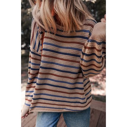 Multicolour Striped Knitted Drop Shoulder Round Neck Sweater