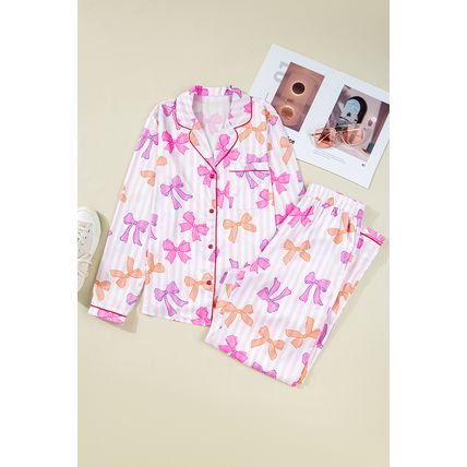 Pink Striped Bow Print Contrast Piping Trim Shirt and Pants 2pcs Pajama Set