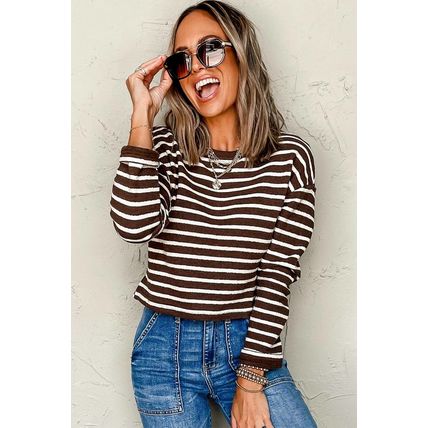 Brown Stripe Ribbed Cropped Crew Neck Long Sleeve T Shirt