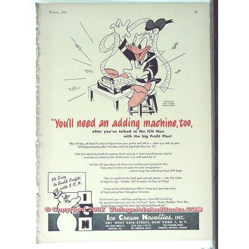 ICE CREAM NOVELTIES INC 1951 Disney Donald Duck ICN vintage ad