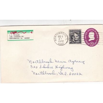 United States 1972 4+4c Northbrook IL Cover Northbrook cancel written VGC