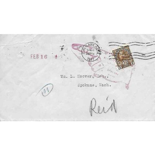 Canada Admiral WAR TAX Perfin CPR Letter Rate 1917, Calgary Alberta to USA
