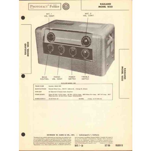 RAULAND model 1820 8 tube 4 channel amplifier Sams Photofact manual