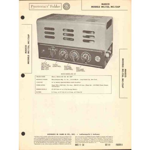 MASCO models MC-126 -126P 5 tube audio amplifier Sams Photofact manual