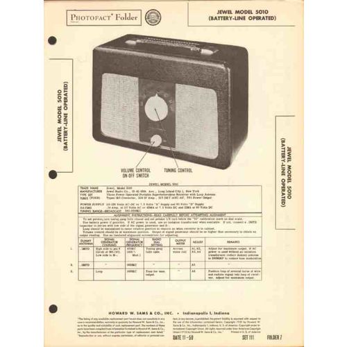 JEWEL model 5010 4 tube AM radio receiver Sams Photofact manual
