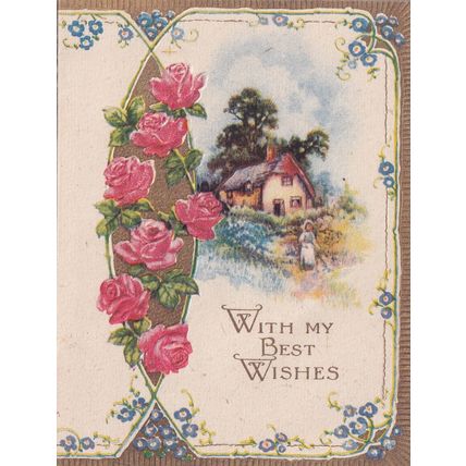 Vintage Birthday Card - Cottage - Roses - With My Best Wishes