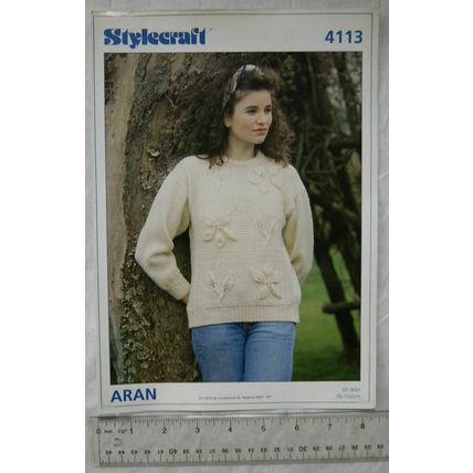 Vintage: Stylecraft 4113 sweater with leaf & flower, aran, 30-40 inch, 76-102 cm