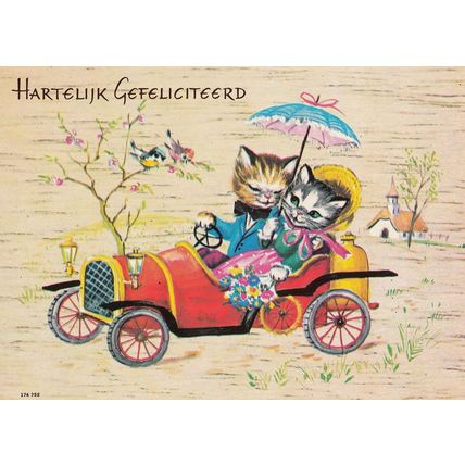 Cats Lovers Red Dutch Transport Under Umbrella Car Hartelijk Gefeliciteerd Postc