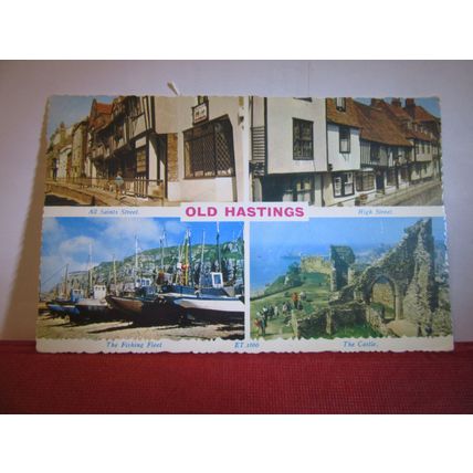 multiview, OLD HASTINGS, SUSSEX. used vintage postcard 1966 postmark.. =