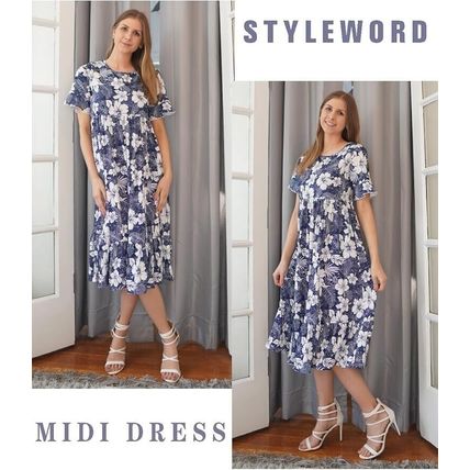 STYLEWORD Women Summer Dress Floral Short Sleeve Ladies Casual Swing Midi Dress
