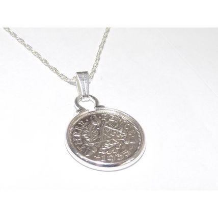 1935 90th Birthday Silver threepence coin Silver plated pendant 18 inch chain