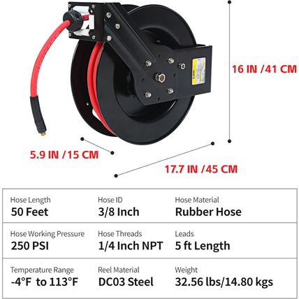 Maxworks 80720 50Ft Auto Rewind Retractable Reel with 3/8" X 50' Air Hose with B