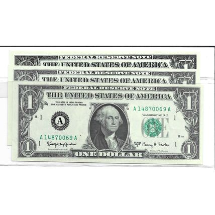Lot of 3 Consecutive 1963-A US Federal Reserve $1.00 Bill Gem UNC