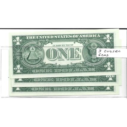Lot of 3 Consecutive 1963-A US Federal Reserve $1.00 Bill Gem UNC