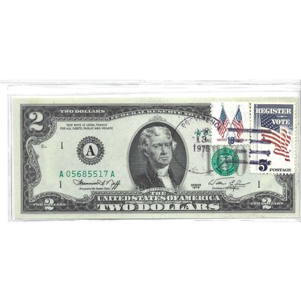 1976 US Federal Reserve $2.00 Bill Gem UNC Stamped and postmarked first day of i