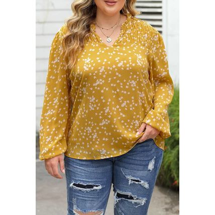 Yellow Plus Size Floral Print Ruched Split Neck Blouse
