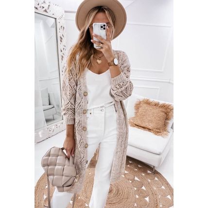Khaki Hollow-out Openwork Knit Cardigan