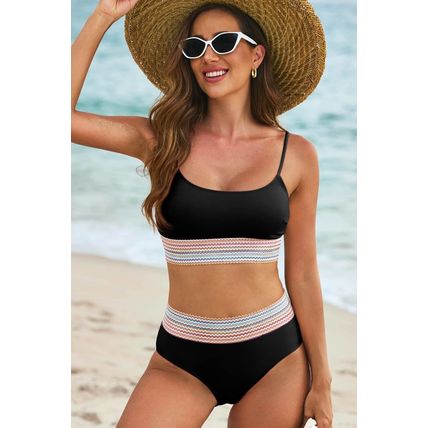 Black Striped Patchwork Spaghetti Strap High Waist Bikini Swimsuit
