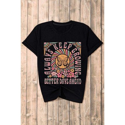 Black Always Keep Growing Butterfly Flower Crewneck Graphic Tee