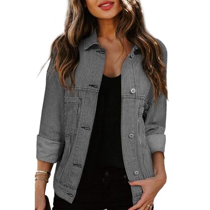 Blue Stripe Washed Oversize Pocketed Denim Jacket