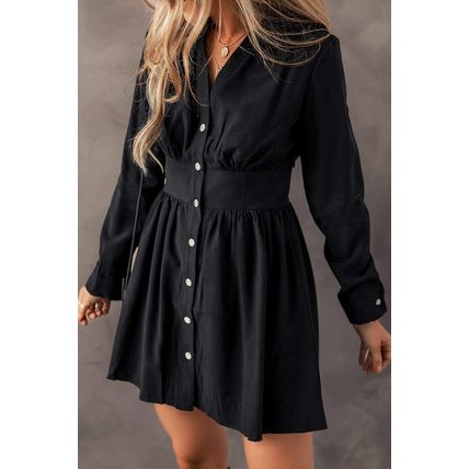 Black Elastic Cinched High Waist Long Sleeve Shirt Mini Dress
