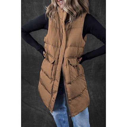 Coffee Windproof Longline Full Zipper Puffer Vest with Pockets