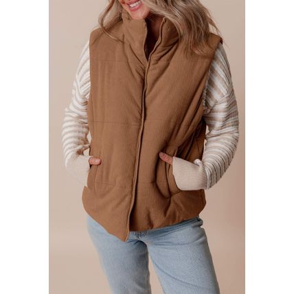 Coffee Corduroy Stand Neck Zipped Puffer Vest