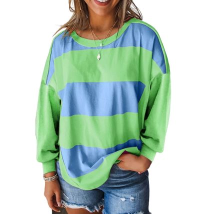 Blue Colorblock Striped Drop Shoulder Loose Top