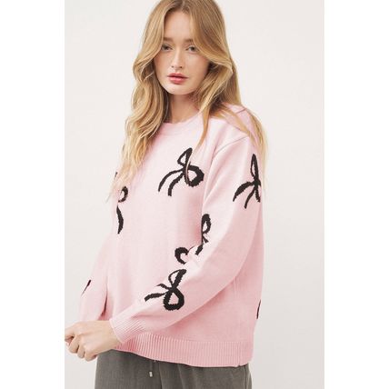 Light Pink Bow Pattern Knitted Loose Fit Sweater