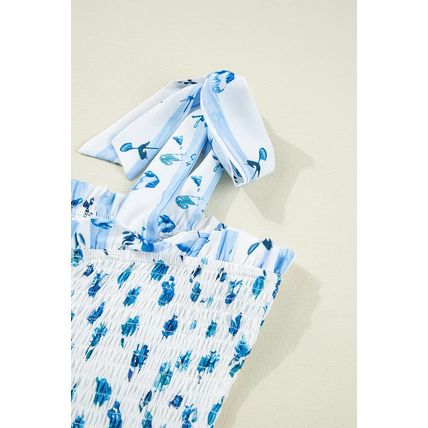 Sky Blue Floral Smocked Tied Straps A-Lined Tiered Maxi Dress