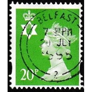 1993-2000 Northern Ireland Machin 20p. Value. Bright Green 1 Ctr Band Fine Used