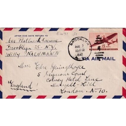 United States 1947 Brooklyn NY-London UK Cover Brooklyn cancel written VGC
