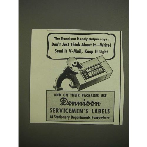 1944 Dennison Servicemen's Labels Ad - Handy helper says: Send it V-mail